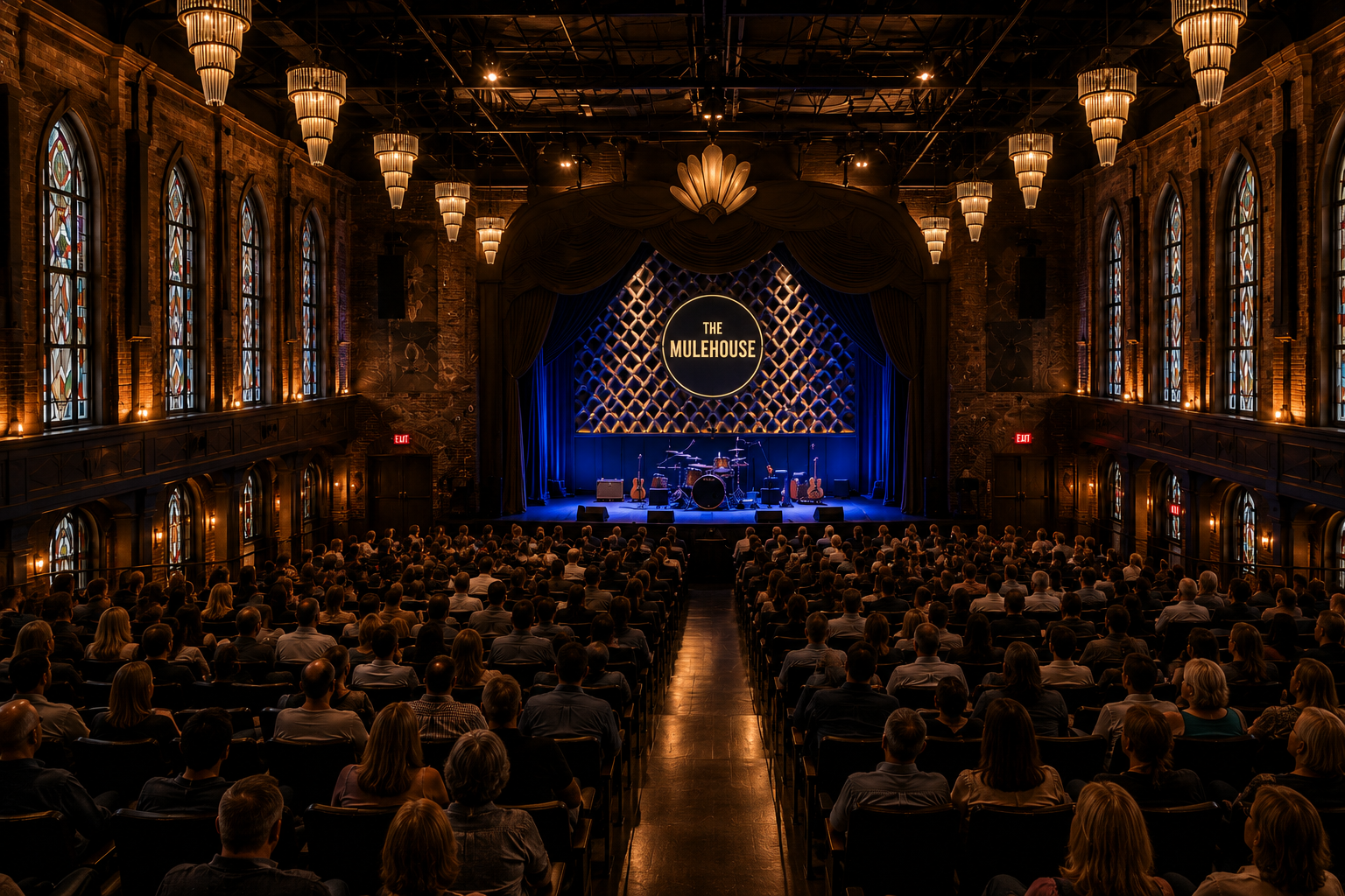 Inside the hall &ndash; stained glass and crystal chandeliers